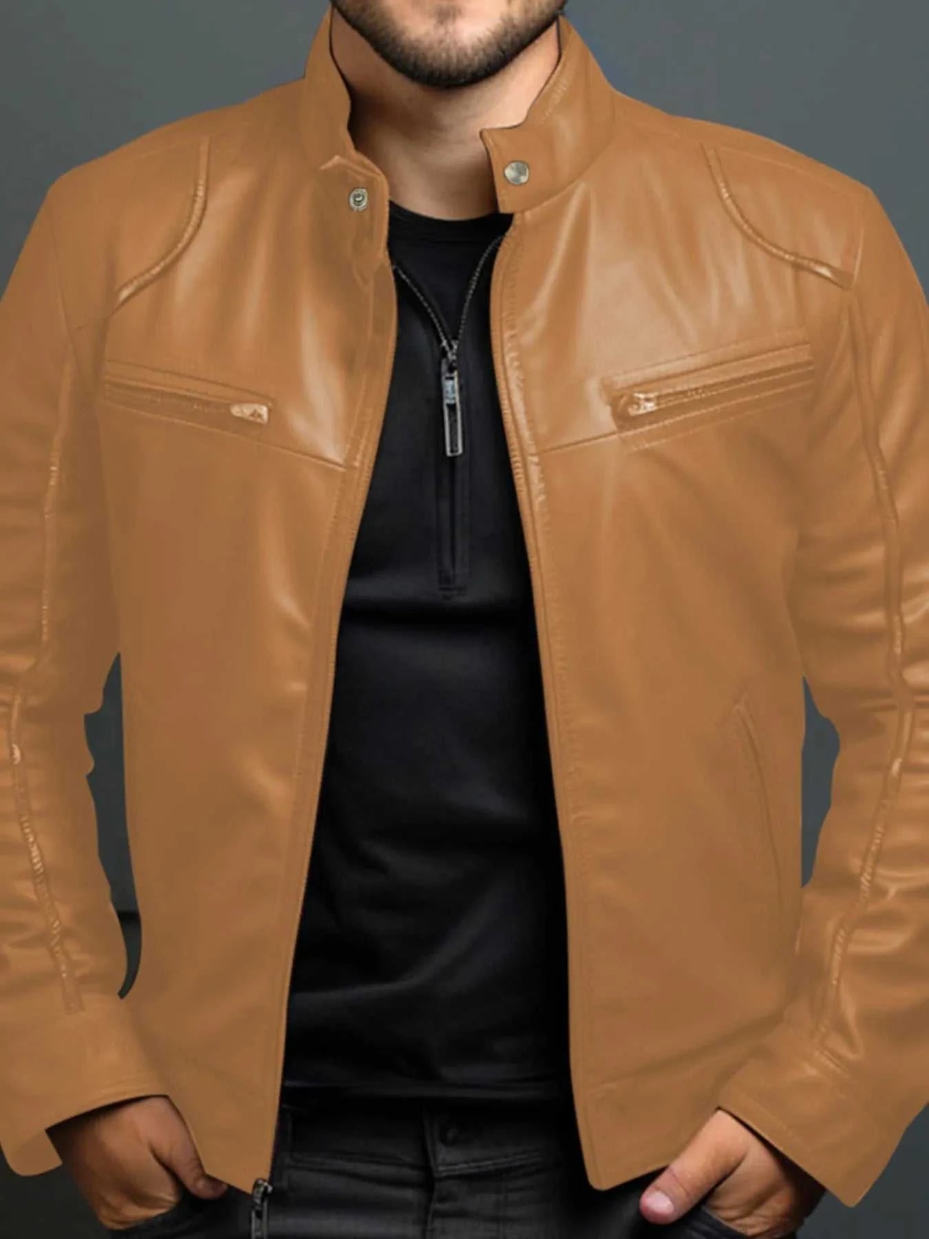 Men's Full Size Leather Motorcycle Jacket with Zipper Front Plus Size