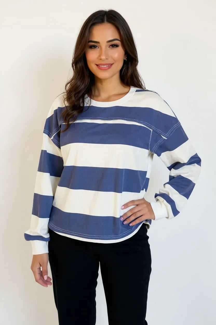 Oh Pima Cotton Wash Exposed Seam Contrast Striped Round Neck Long Sleeve T-Shirt