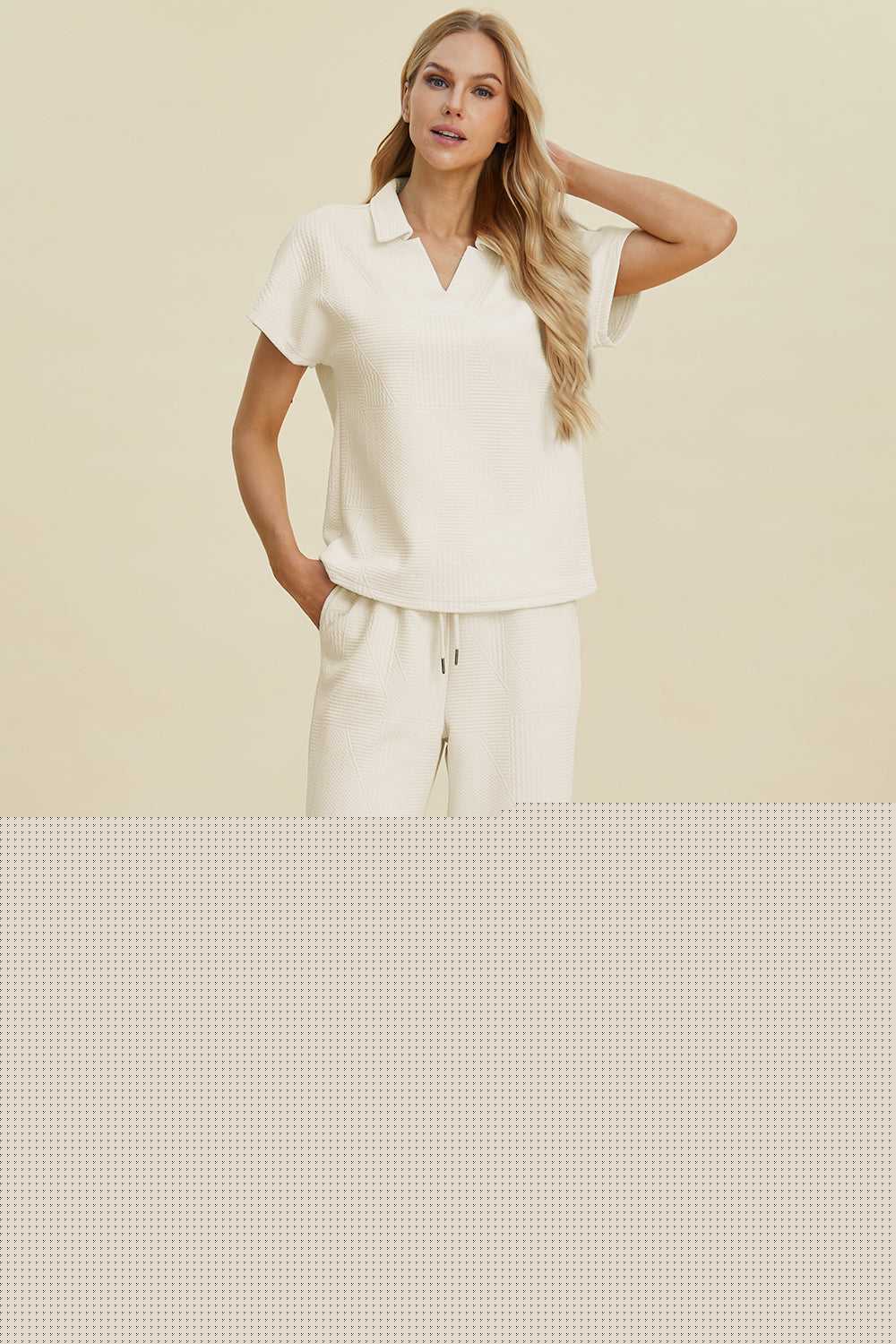 Double Take Full Size Collared Neck Short Sleeve Top and Pants Set