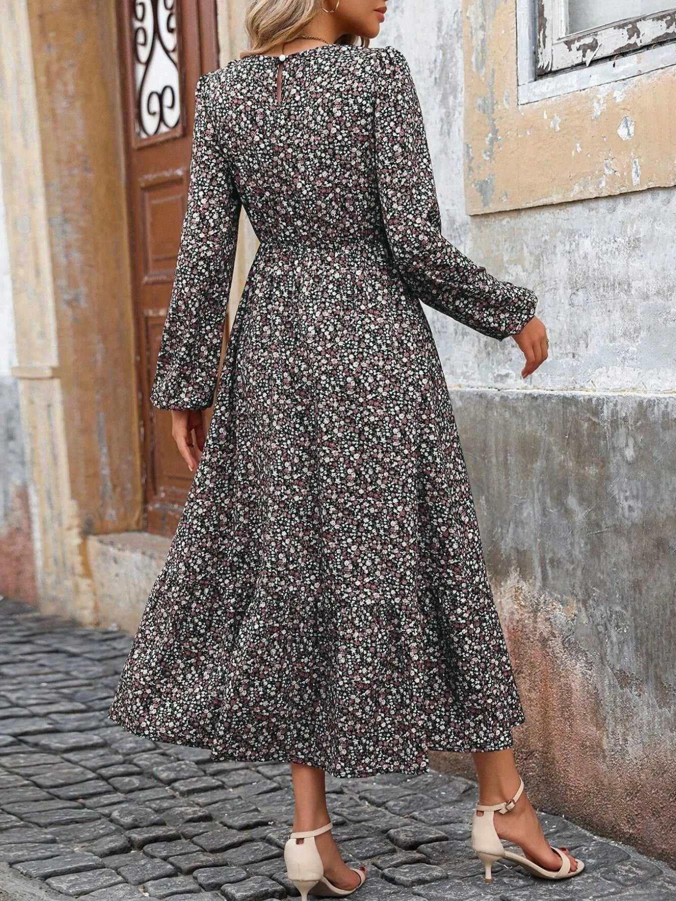 Printed Long Sleeve Midi Dress with Elastic Waist