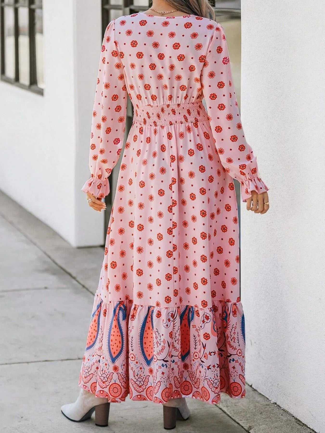 Printed Surplice Flounce Sleeve Maxi Dress