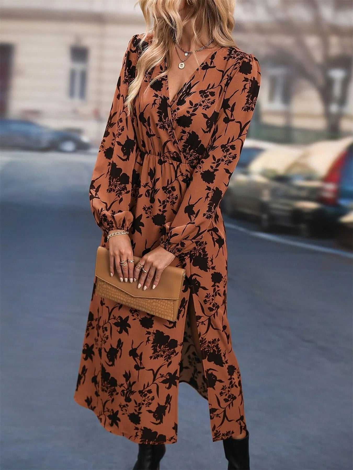 Printed Surplice Long Sleeve Dress