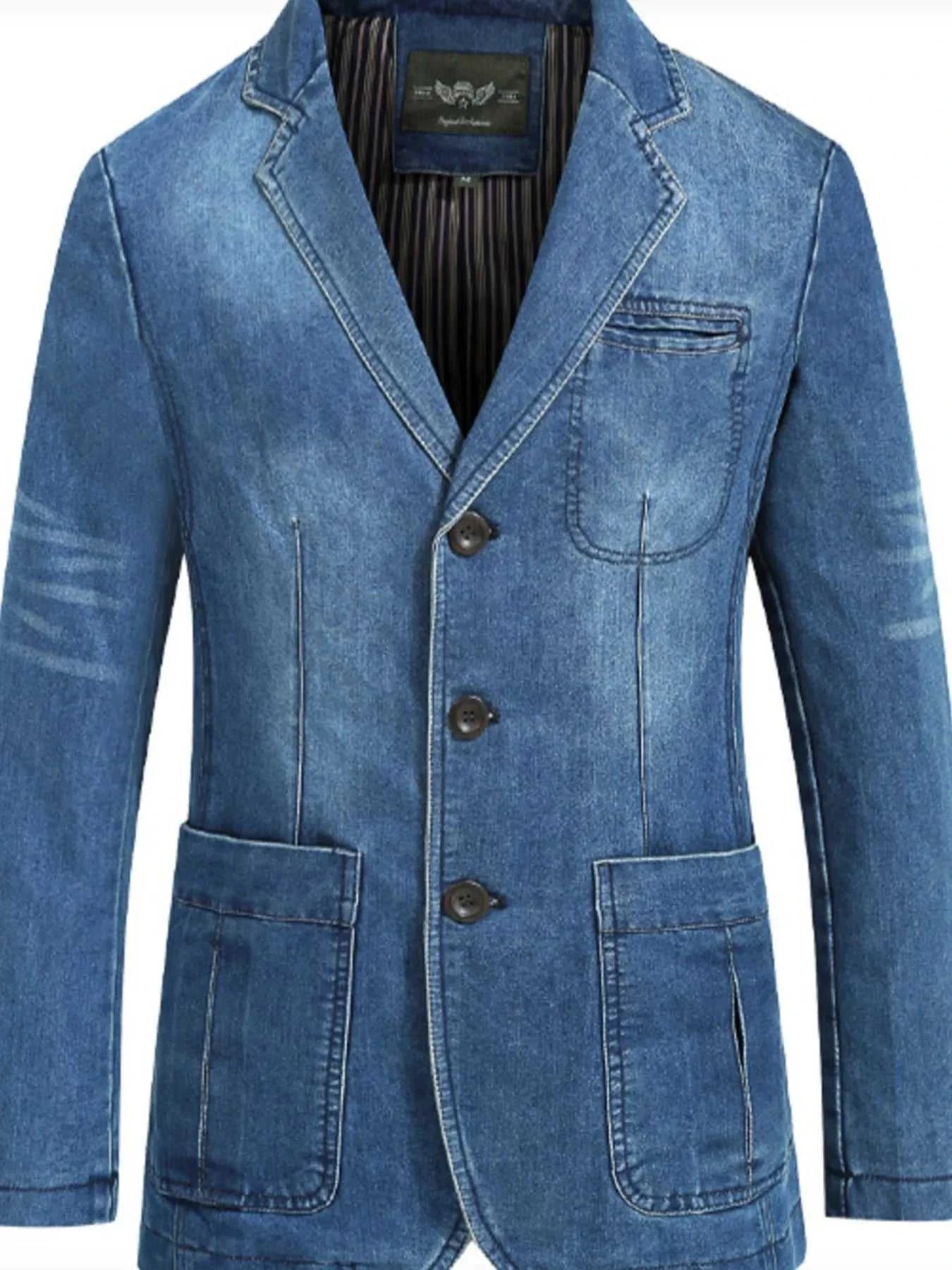 Men's Plus Size Single-Breasted Denim Blazer Jacket
