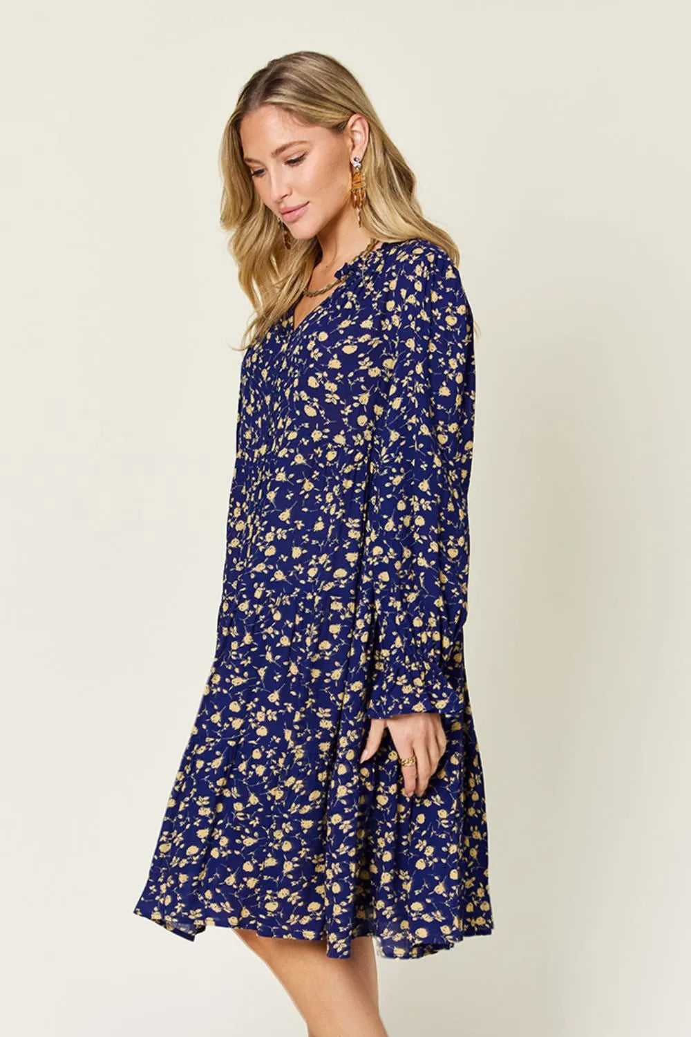 Double Take Full Size Printed Ruffle Hem Long Sleeve Tiered Dress