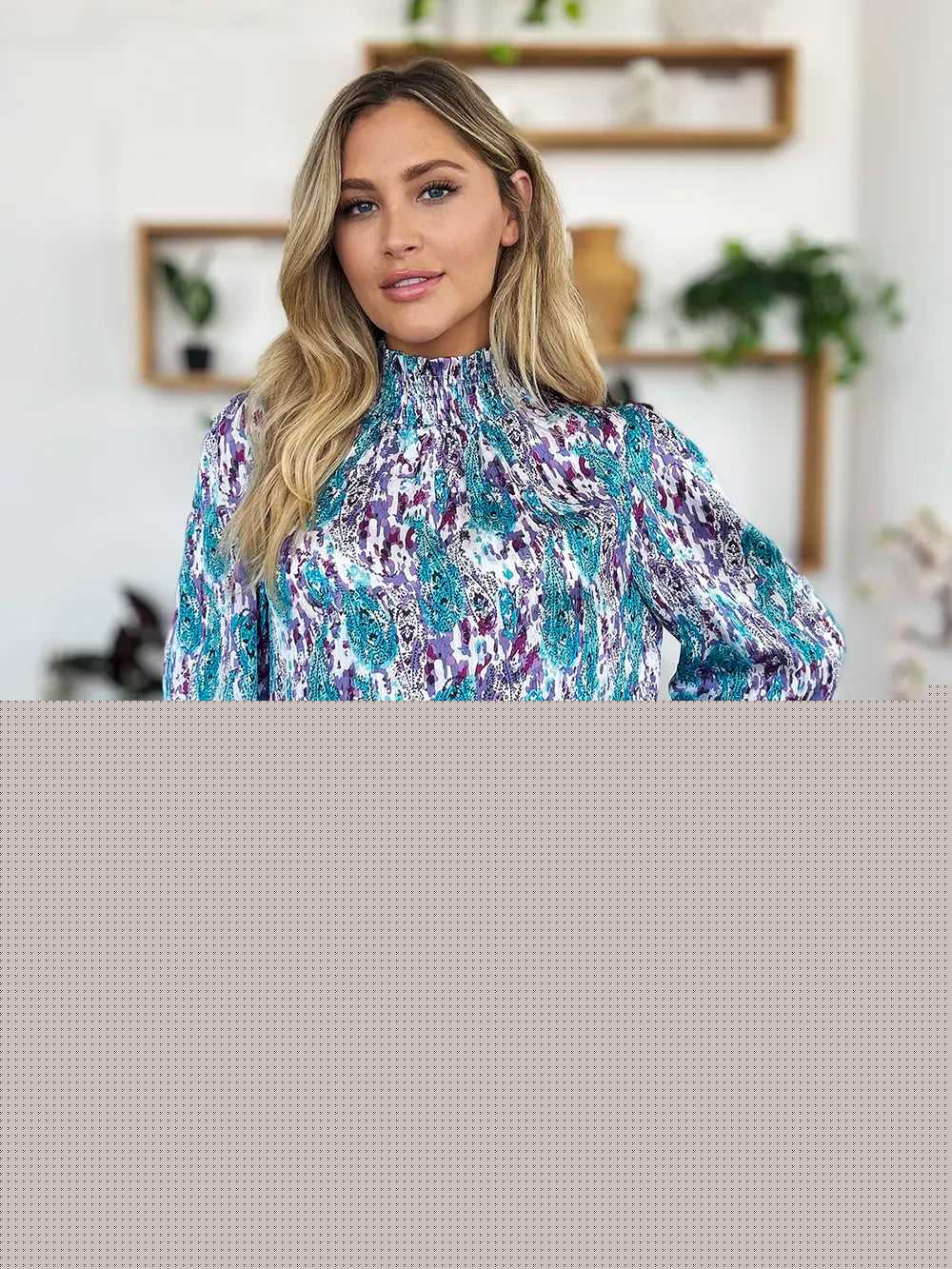 Double Take Full Size Printed Smocked Long Sleeve Blouse