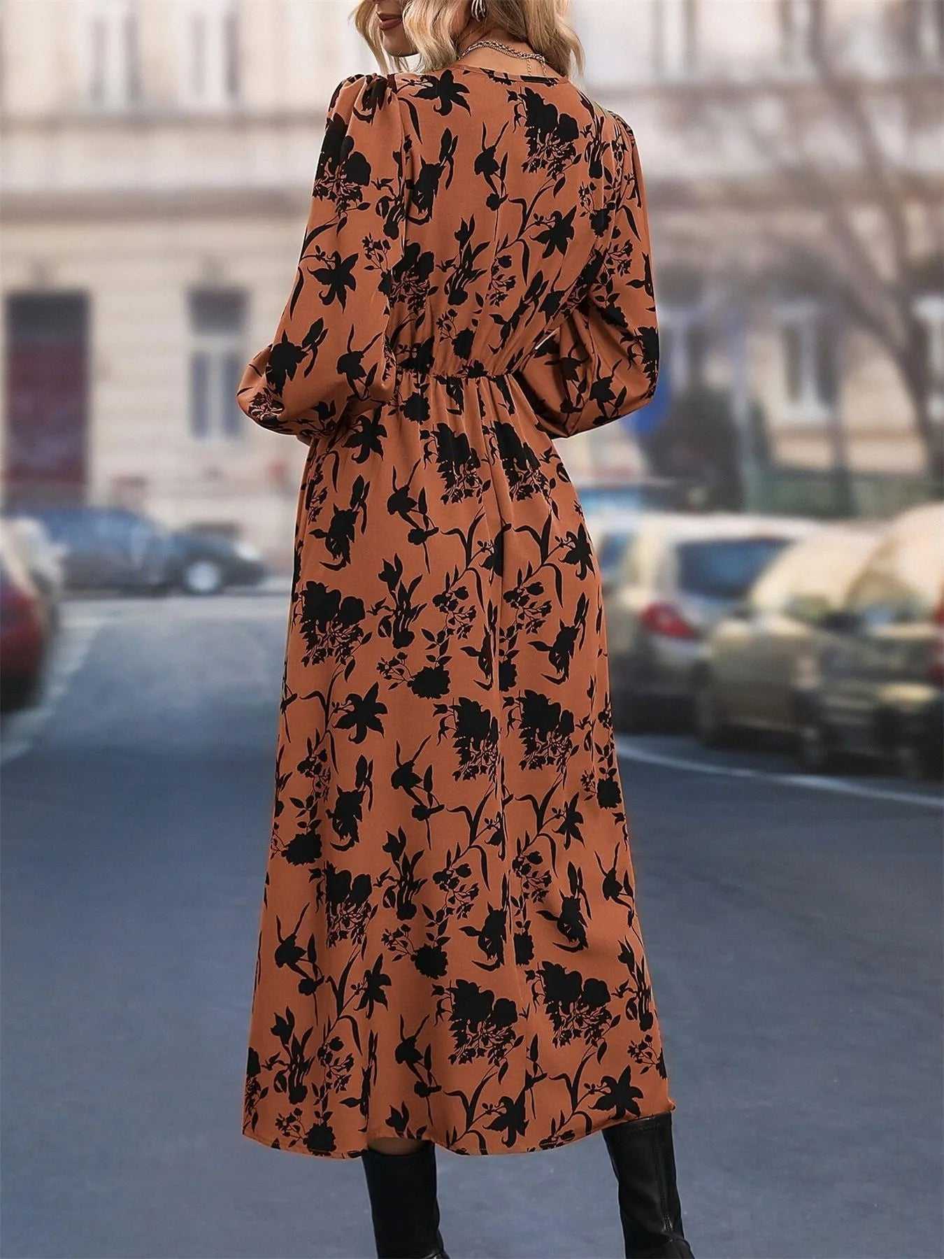 Printed Surplice Long Sleeve Dress