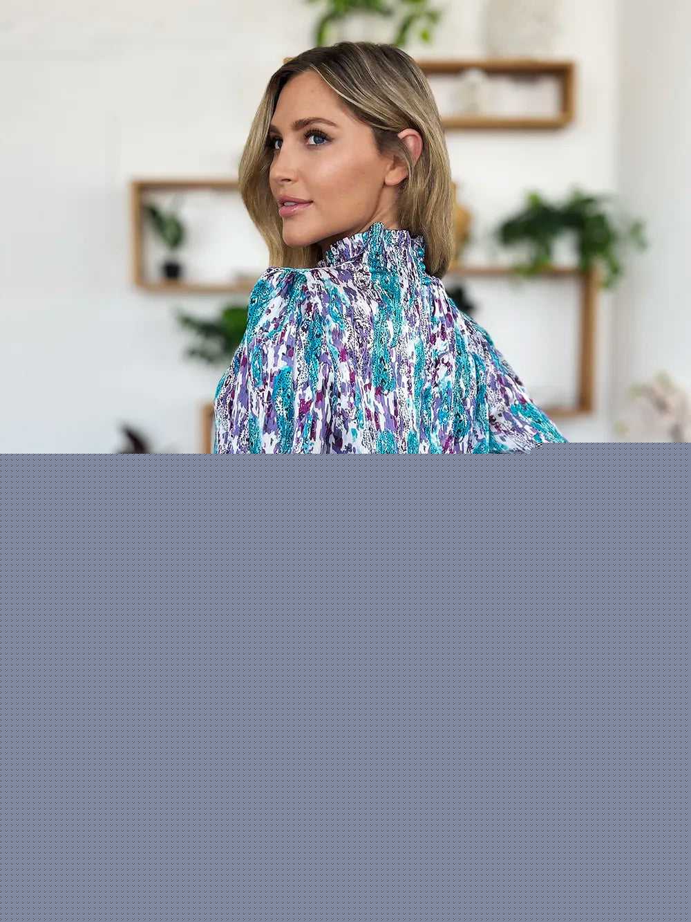 Double Take Full Size Printed Smocked Long Sleeve Blouse
