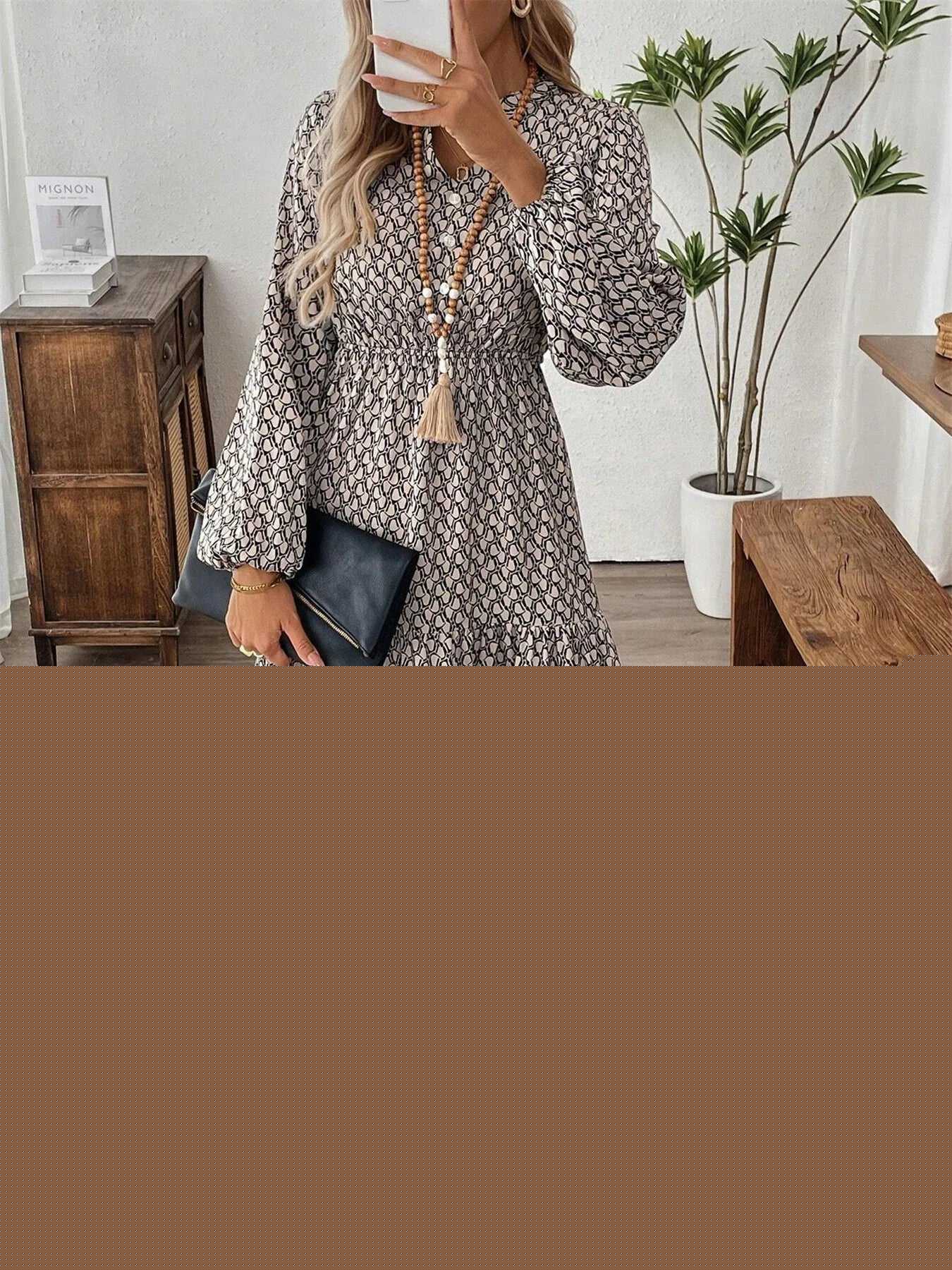 Tiered Printed Notched Long Sleeve Dress