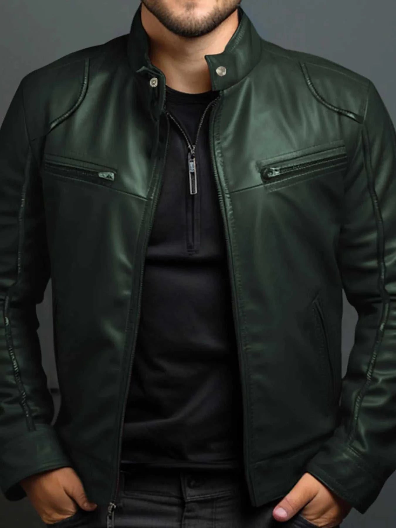 Men's Full Size Leather Motorcycle Jacket with Zipper Front Plus Size