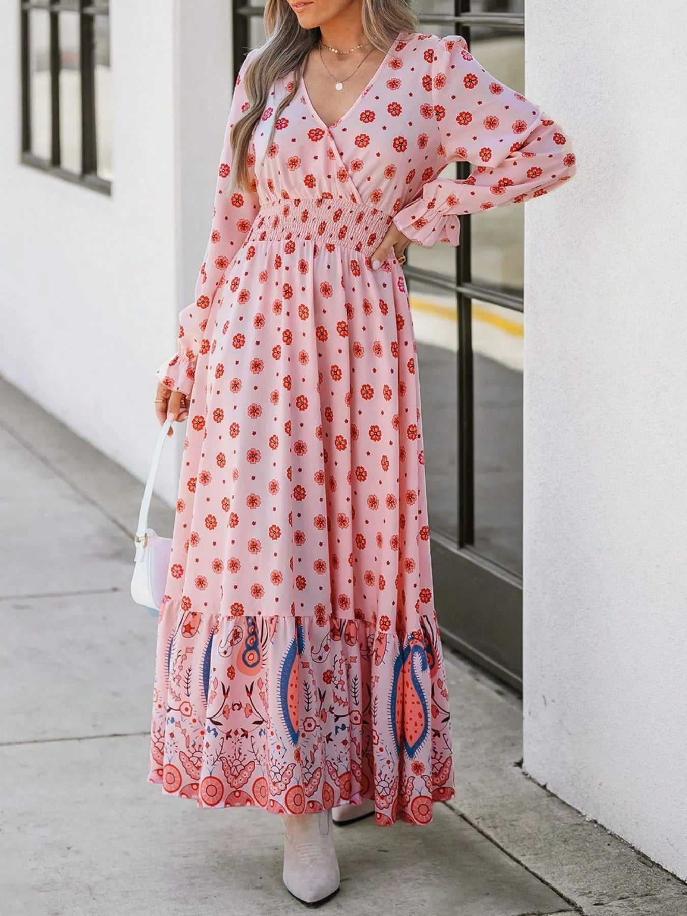 Printed Surplice Flounce Sleeve Maxi Dress