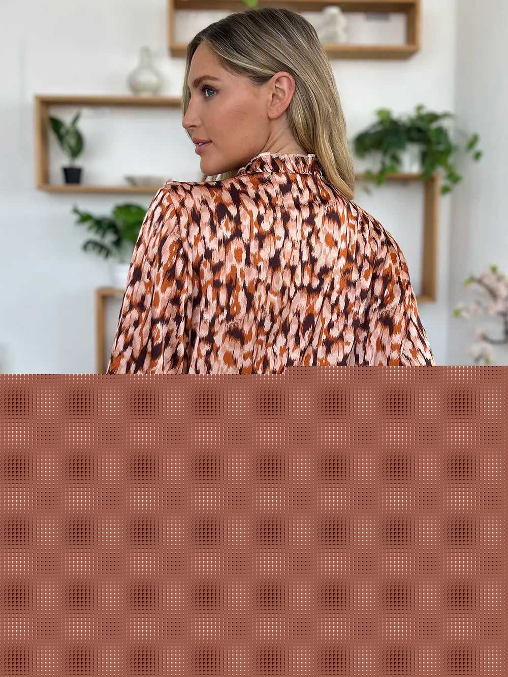 Double Take Full Size Printed Ruffle Trim Balloon Sleeve Shirt