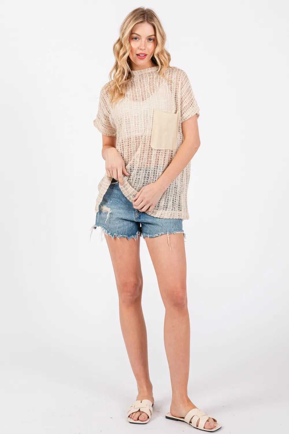 Ces Femme See Through Crochet Mock Neck Cover Up