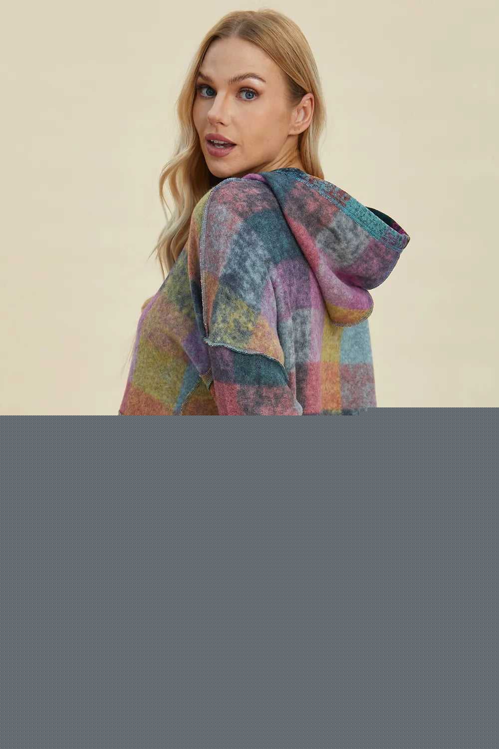 Double Take Full Size Plaid Dropped Shoulder Fleece Hoodie