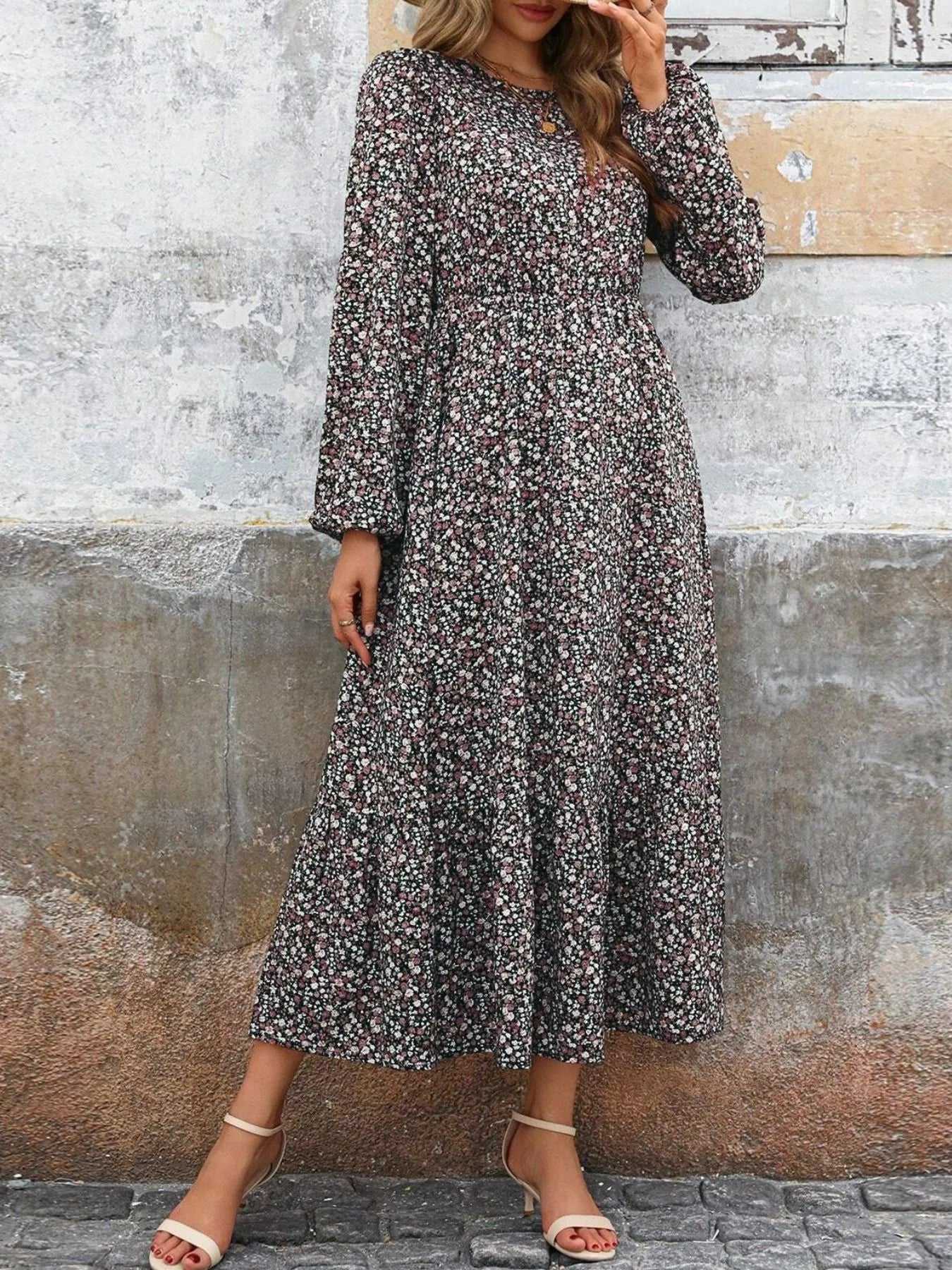 Printed Long Sleeve Midi Dress with Elastic Waist