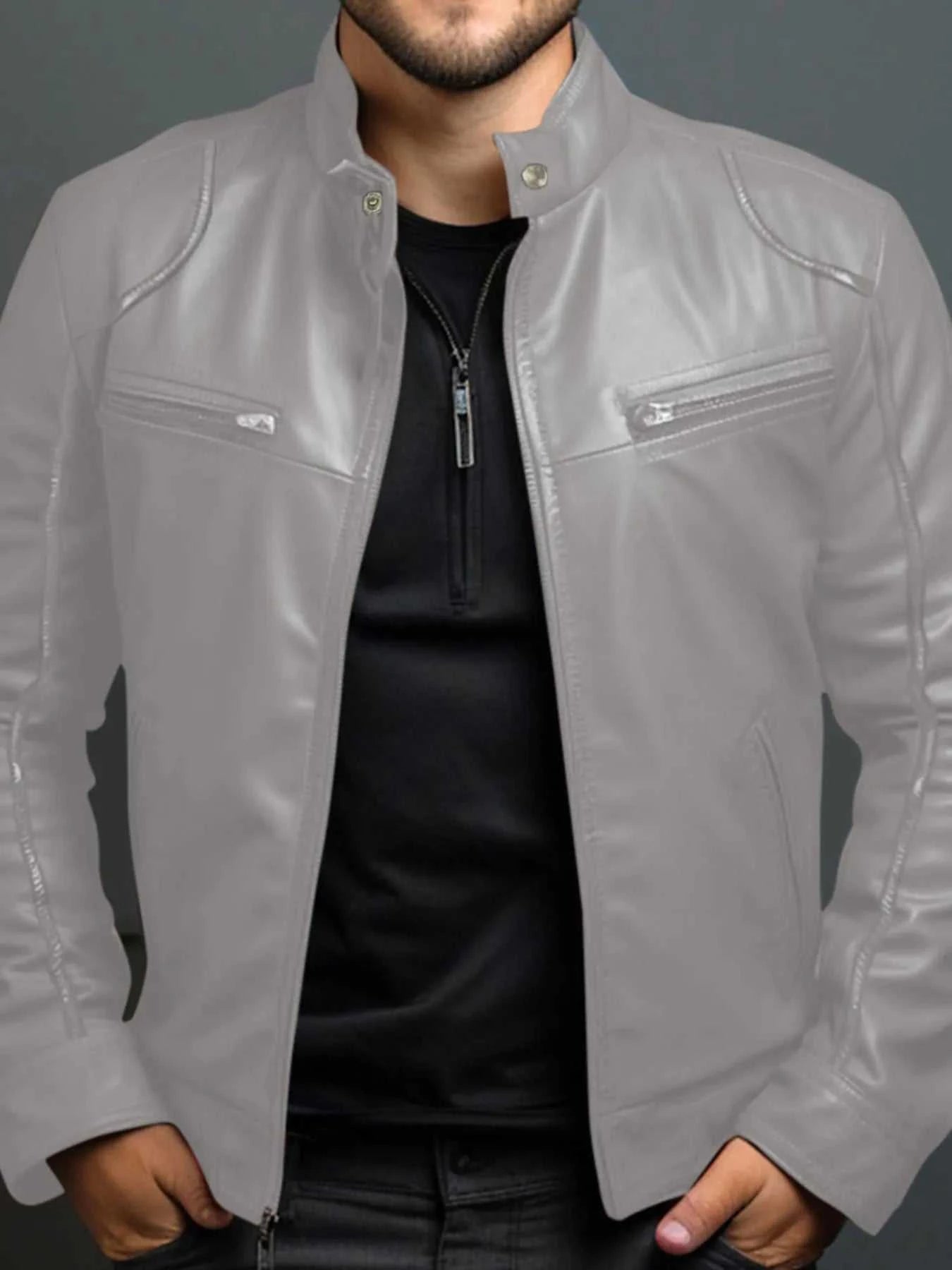 Men's Full Size Leather Motorcycle Jacket with Zipper Front Plus Size