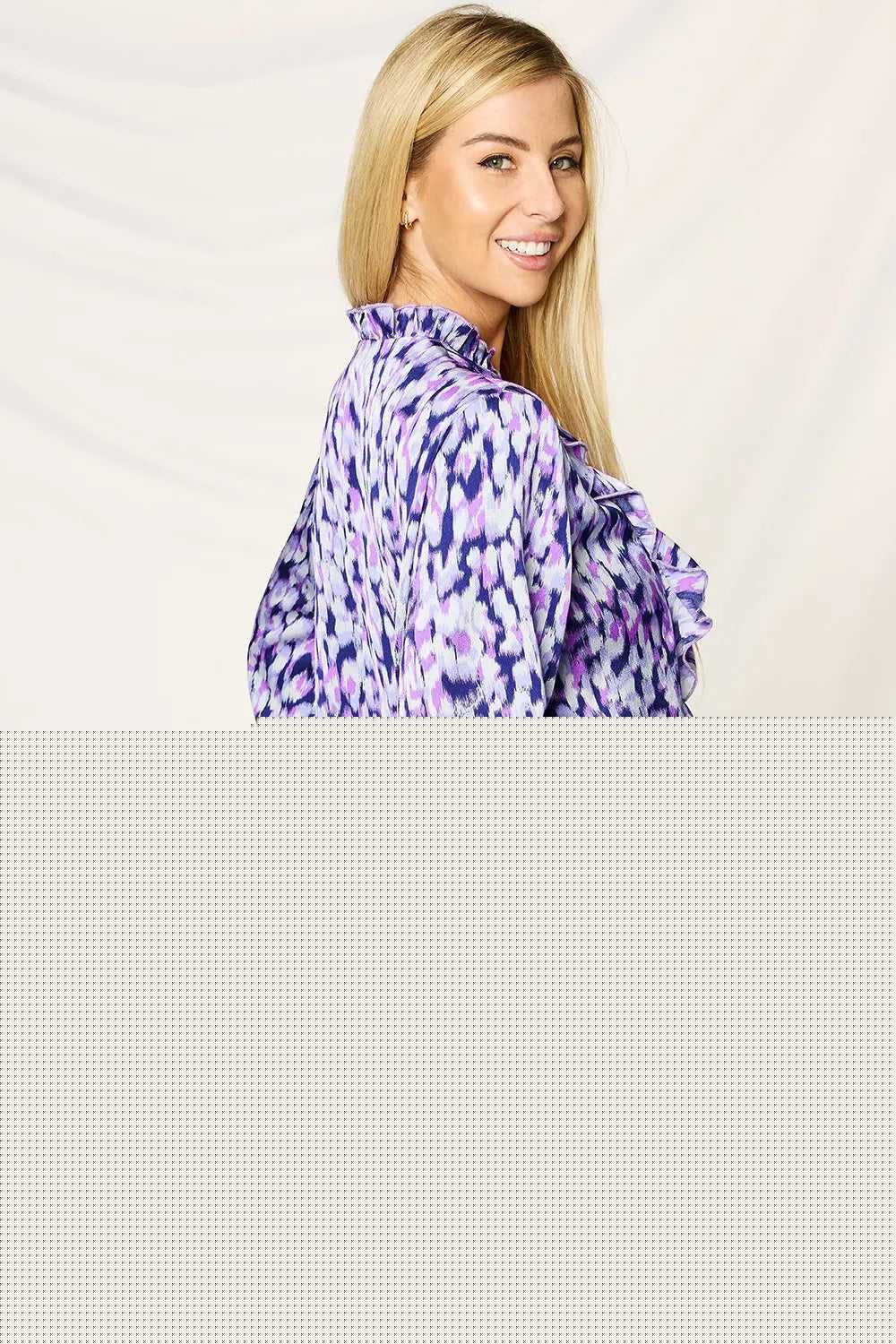 Double Take Full Size Printed Ruffle Trim Balloon Sleeve Shirt