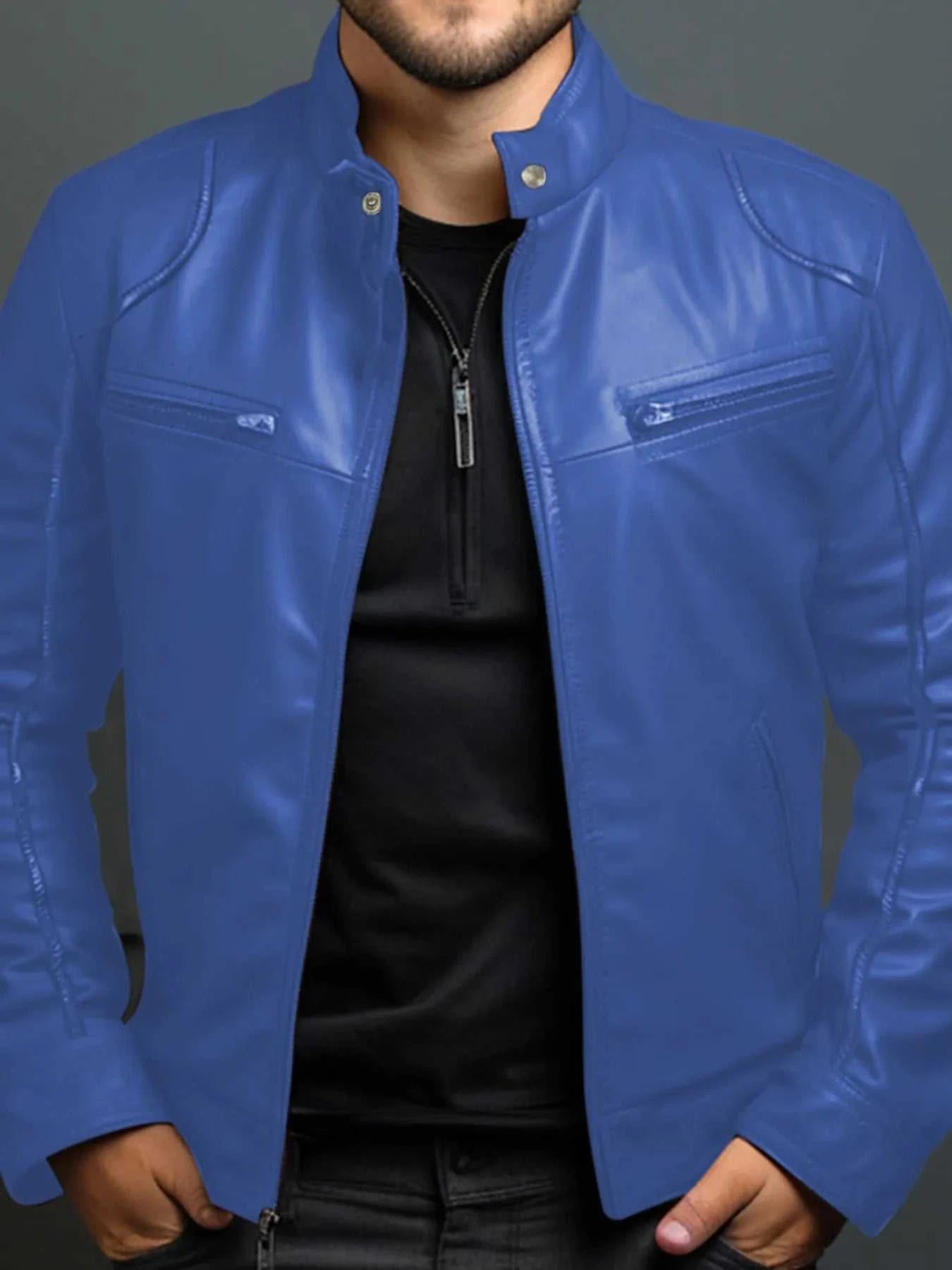 Men's Full Size Leather Motorcycle Jacket with Zipper Front Plus Size