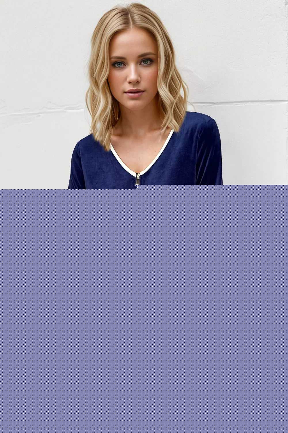 Double Take Wave Contrast Trim V-Neck Zip Up Long Sleeve Mini Dress