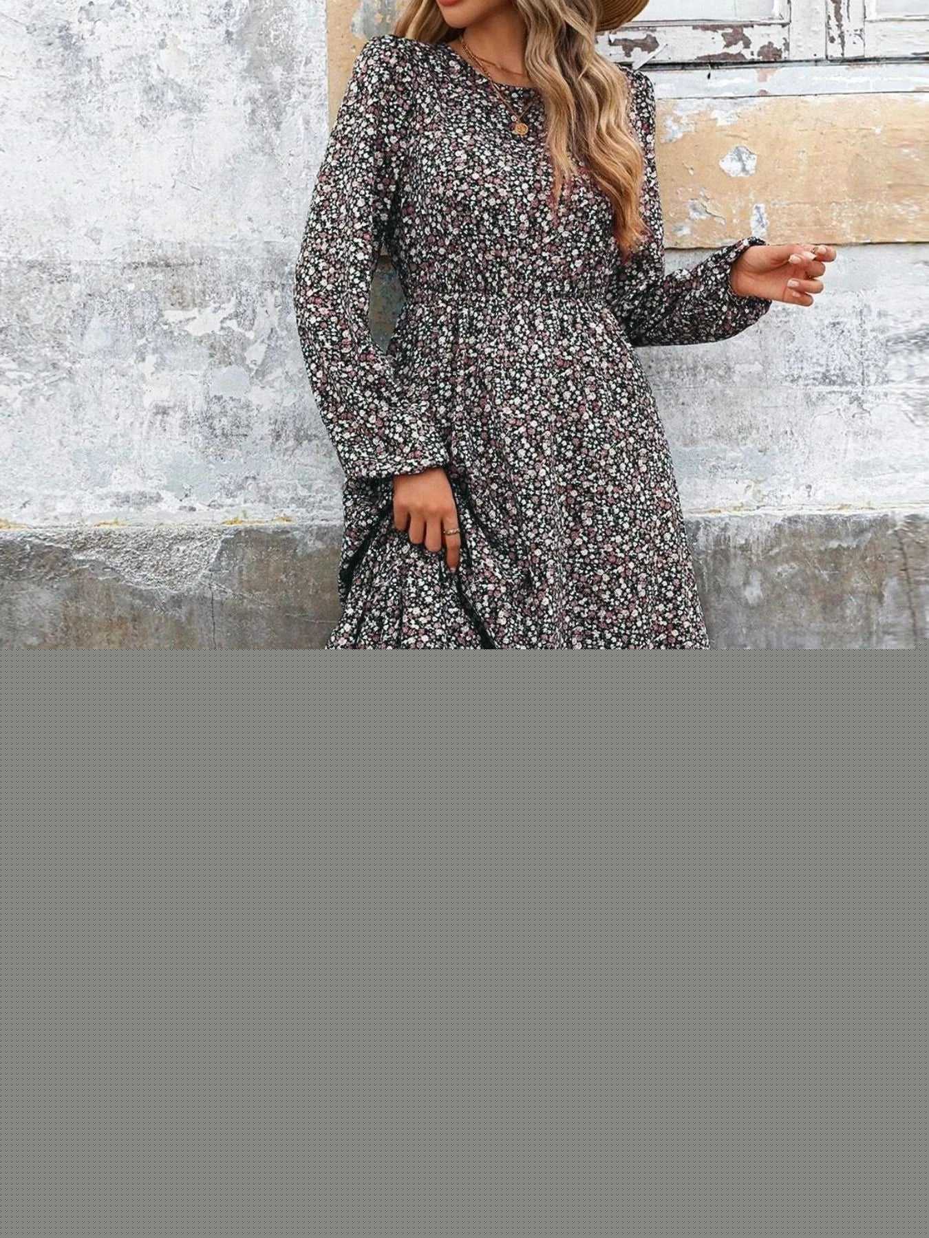 Printed Long Sleeve Midi Dress with Elastic Waist