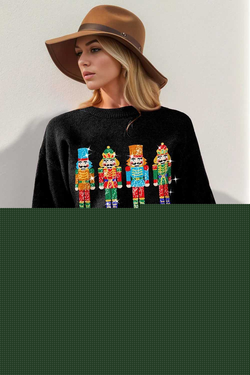 Double Take Full Size Sequin Nutcracker Long Sleeve Sweater