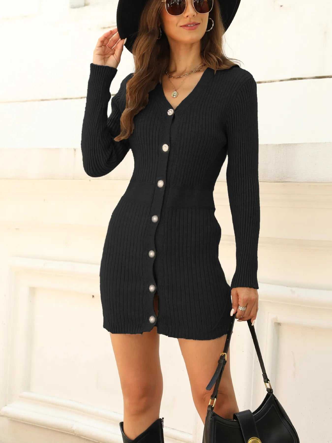 Ribbed Button-Front V-Neck Sweater Dress