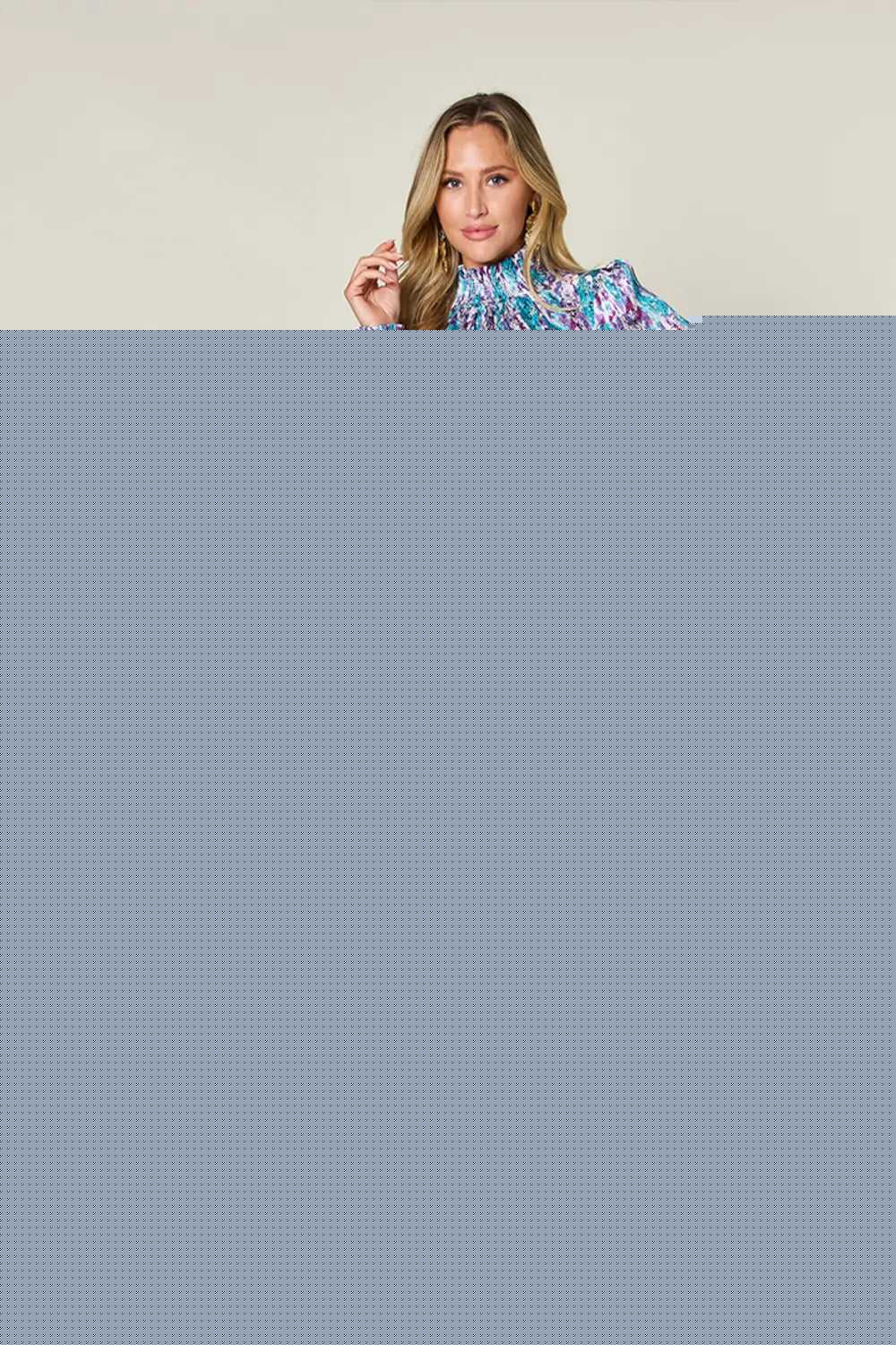 Double Take Full Size Printed Smocked Long Sleeve Blouse