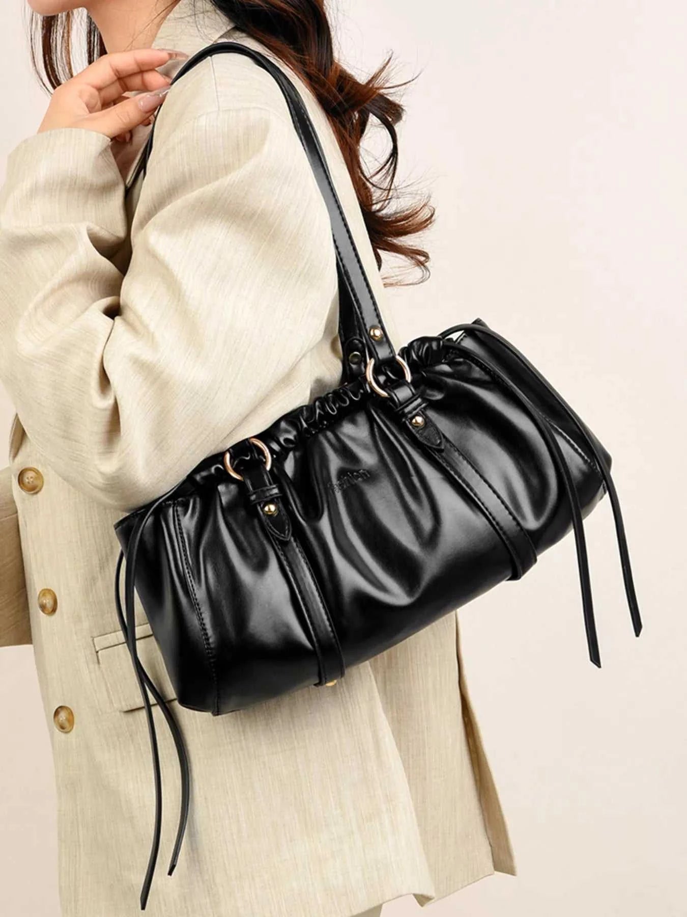 Ruched Leather Shoulder Bag