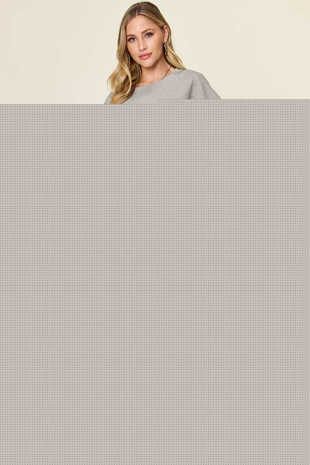 Double Take Full Size Texture Contrast T-Shirt and Wide Leg Pants Set