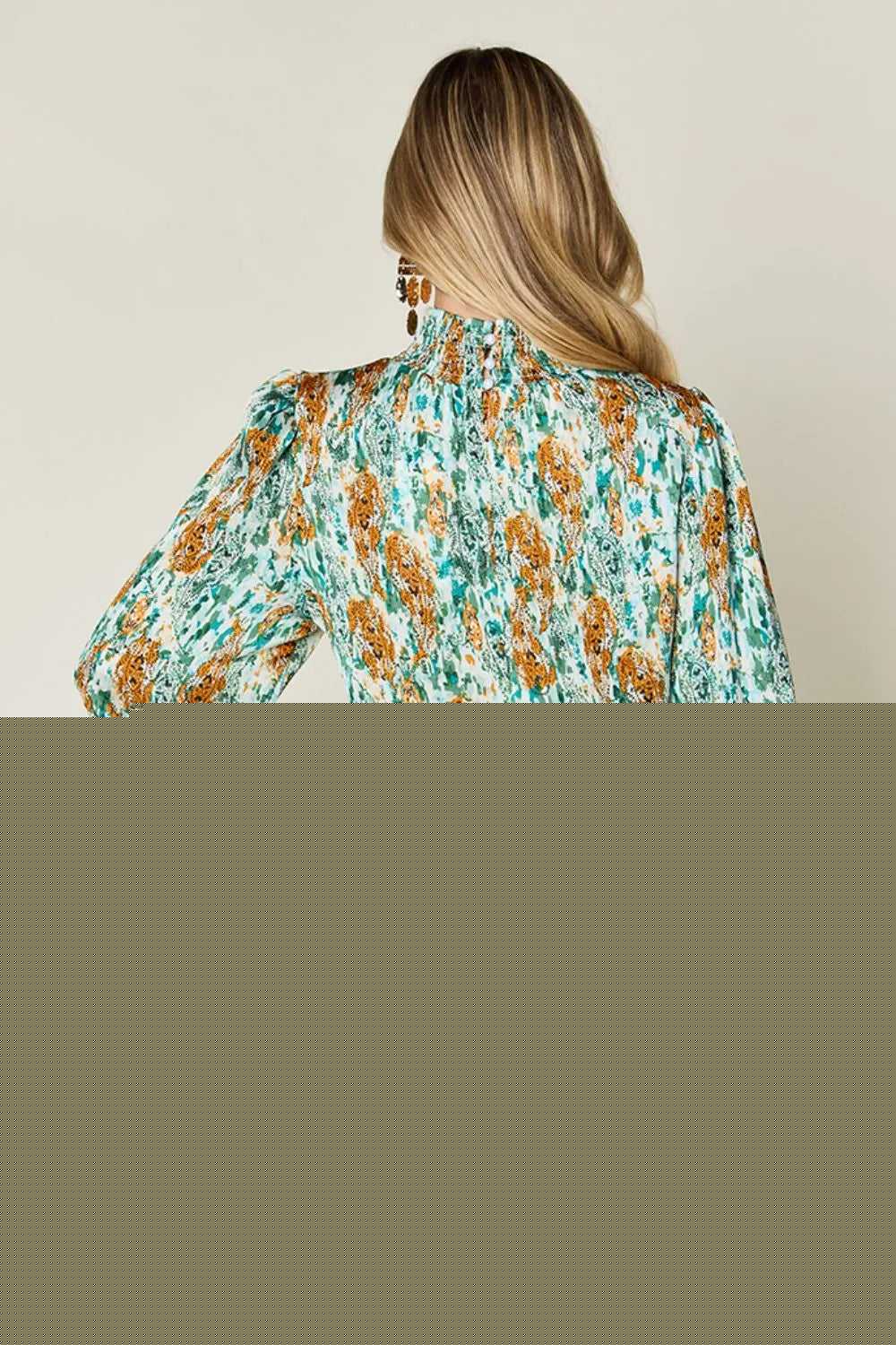 Double Take Full Size Printed Smocked Long Sleeve Blouse