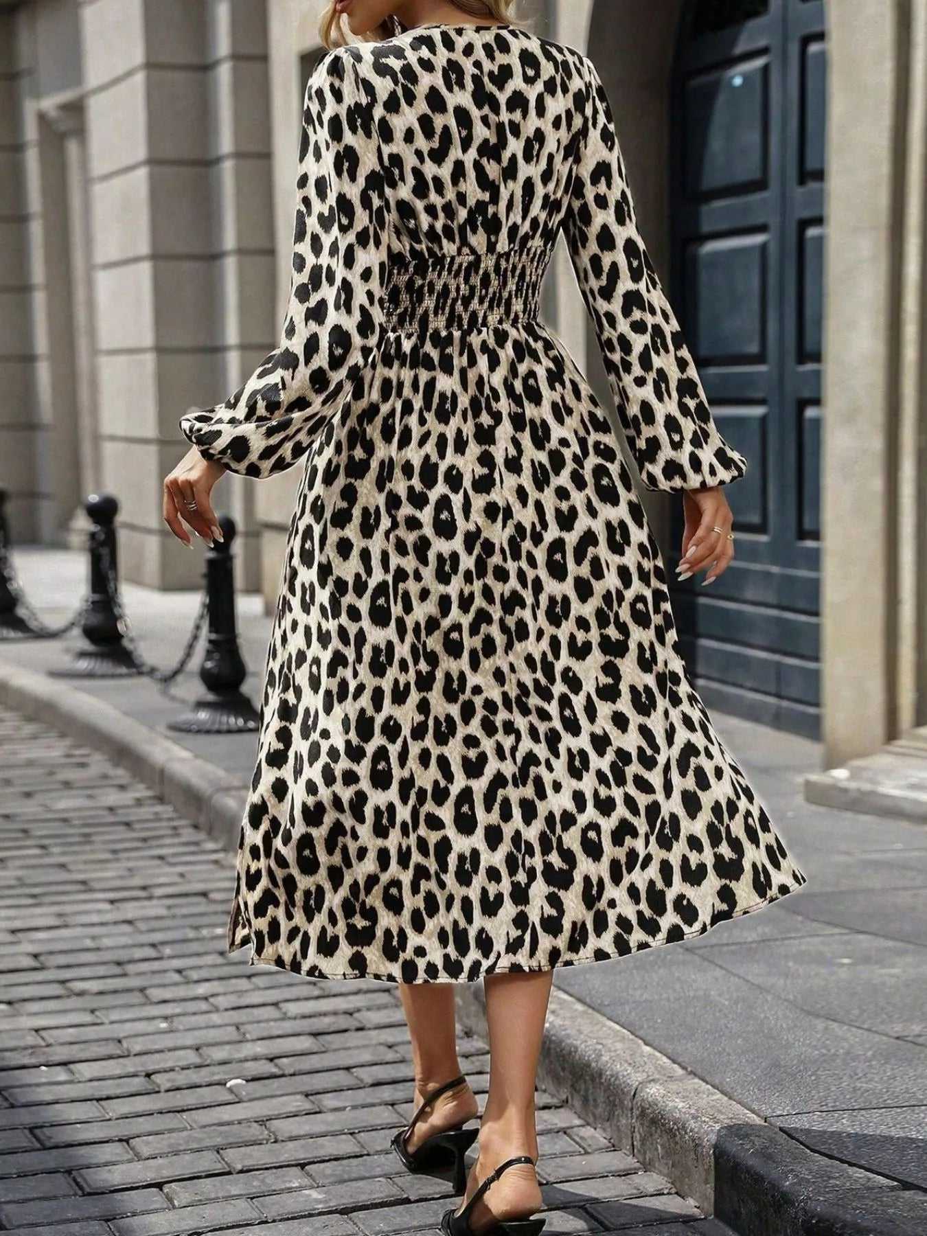 Leopard Print Long Sleeve Wrap Midi Dress