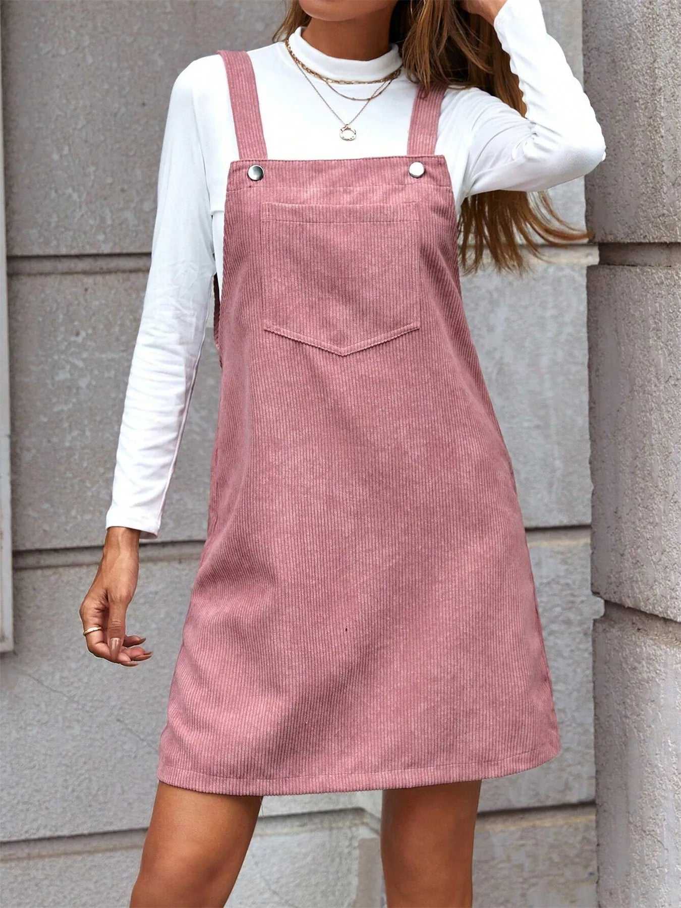 Corduroy Overall Mini Dress with Pocket