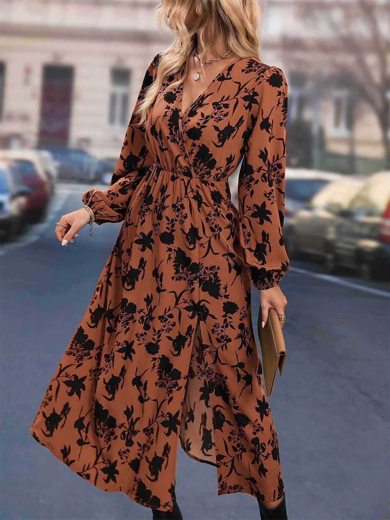 Printed Surplice Long Sleeve Dress