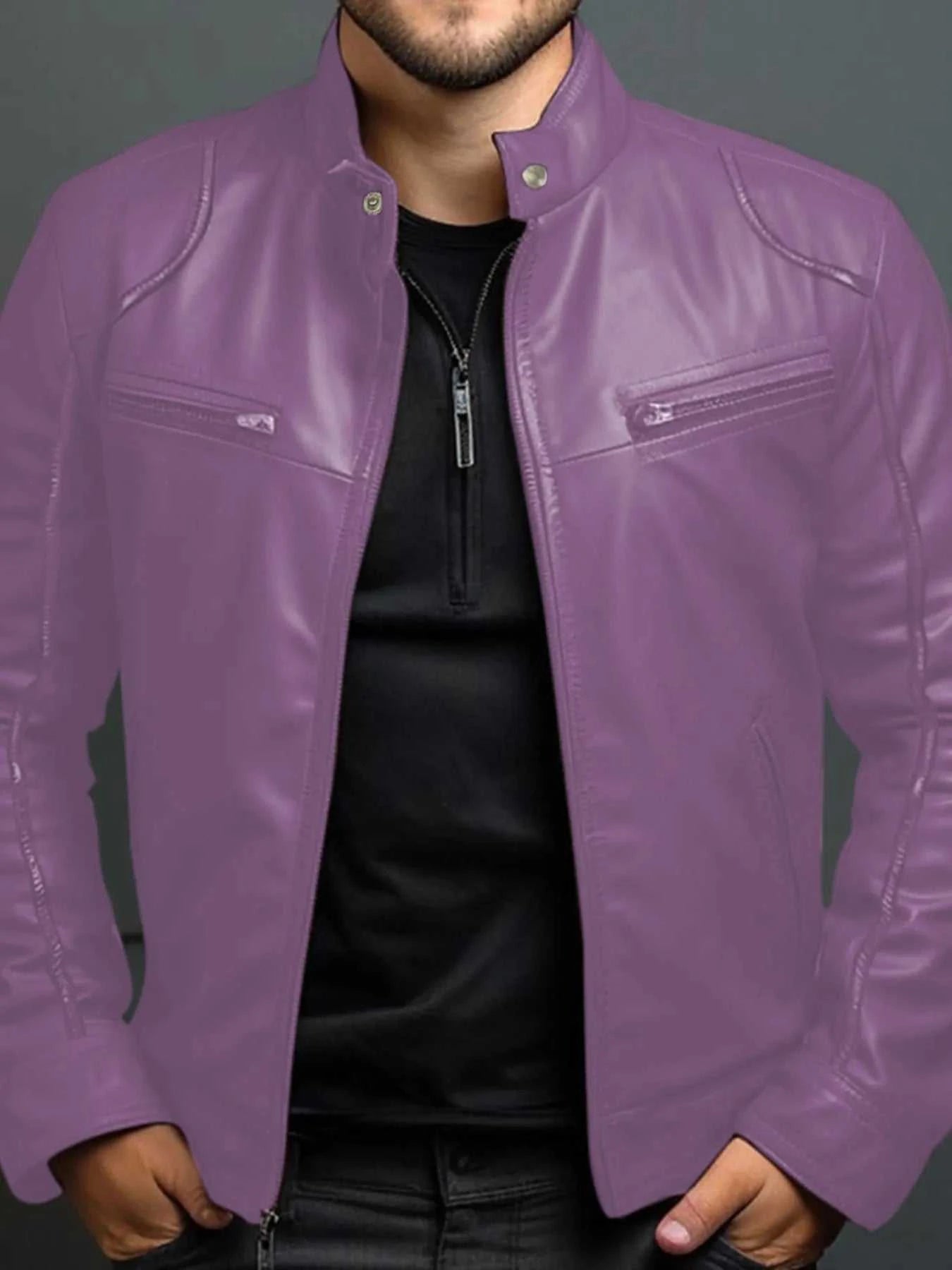 Men's Full Size Leather Motorcycle Jacket with Zipper Front Plus Size