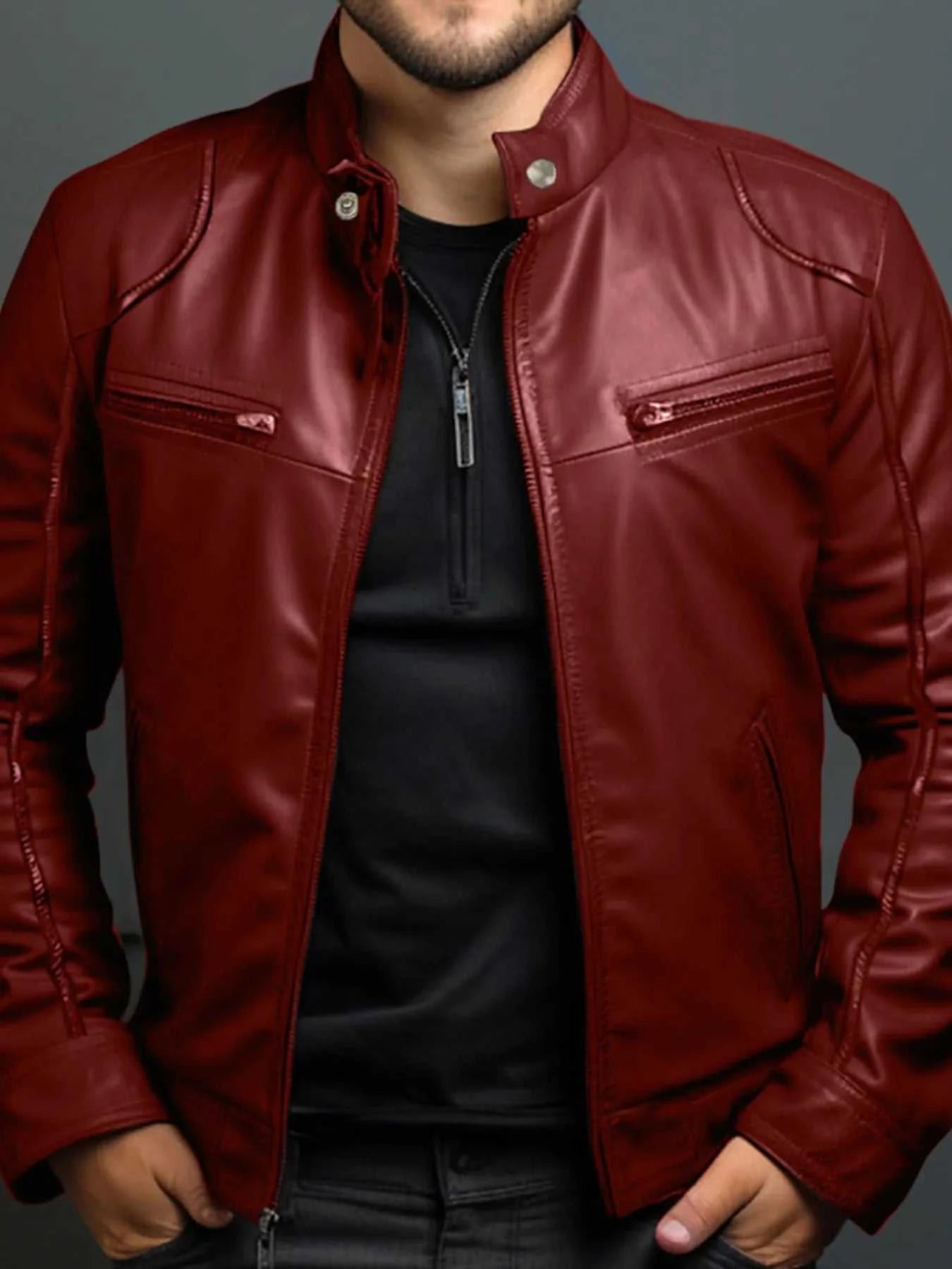 Men's Full Size Leather Motorcycle Jacket with Zipper Front Plus Size