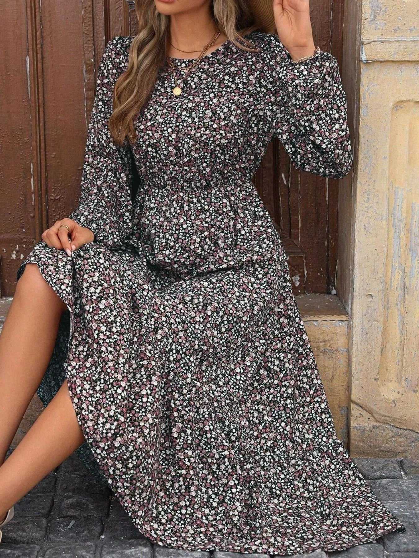Printed Long Sleeve Midi Dress with Elastic Waist