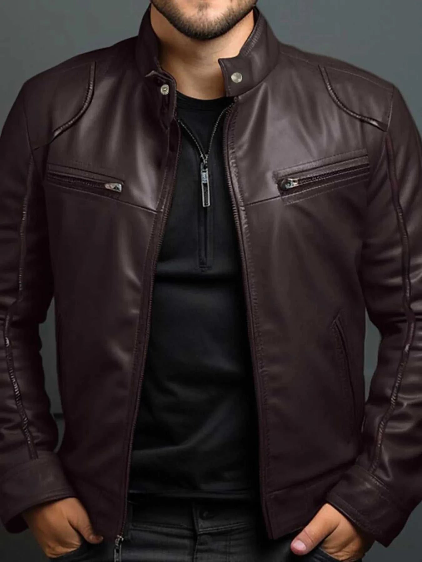 Men's Full Size Leather Motorcycle Jacket with Zipper Front Plus Size