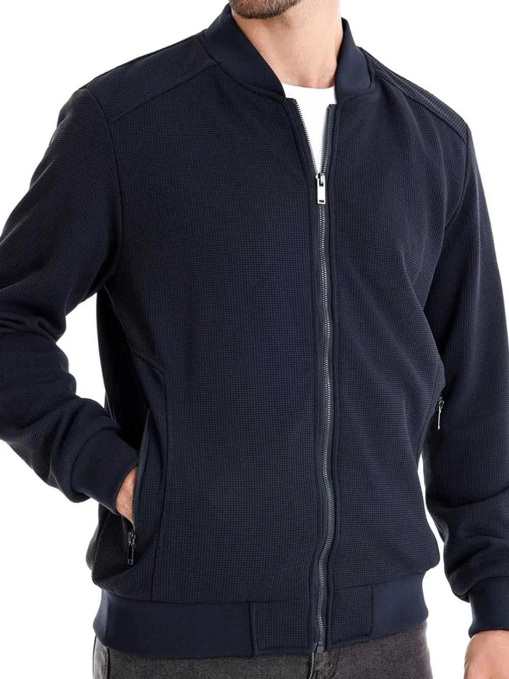 Men's Waffle Knit Baseball Collar Zip Up Jacket