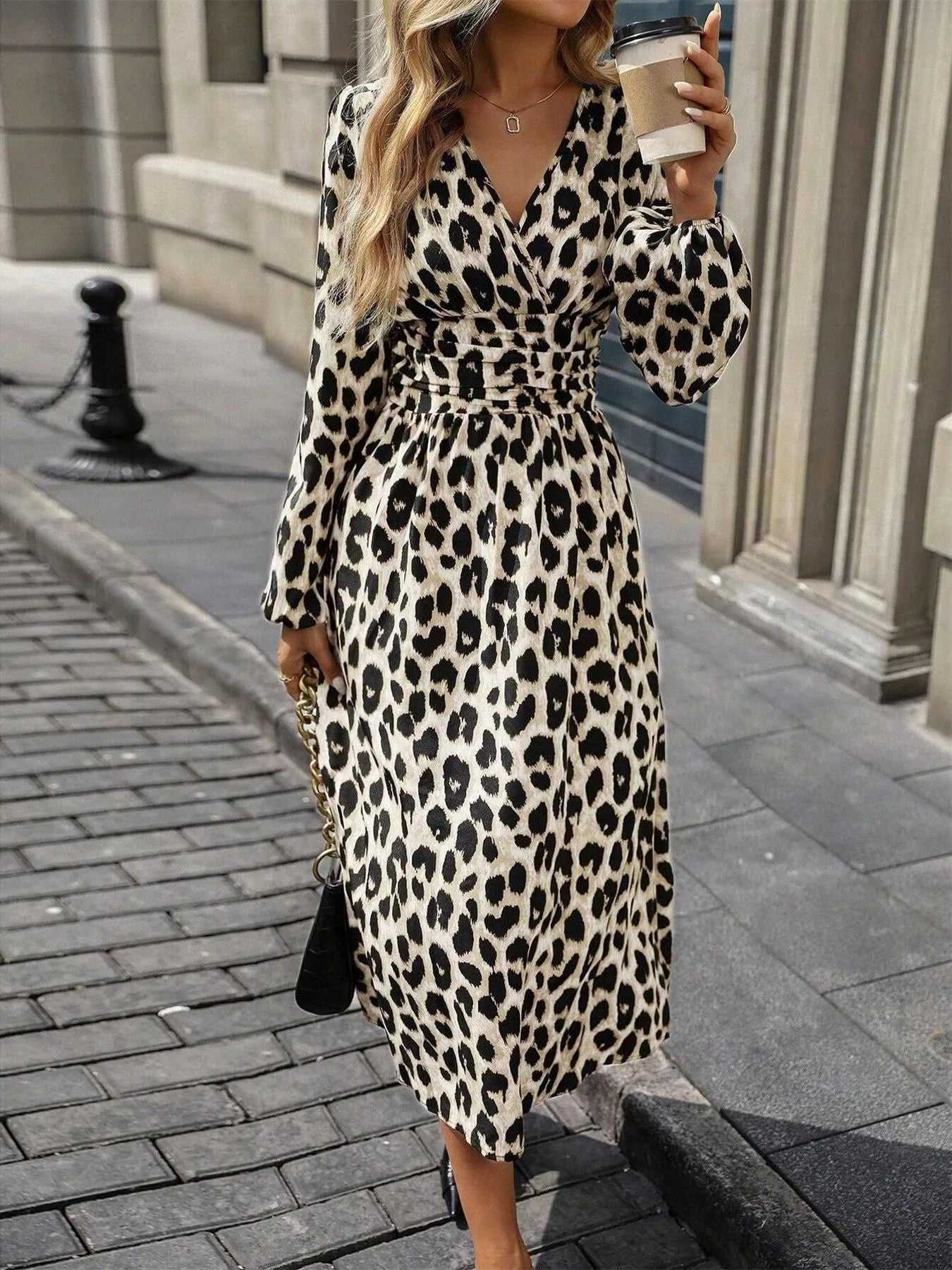 Leopard Print Long Sleeve Wrap Midi Dress