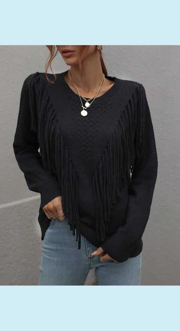 Fringe Detail Ribbed Trim Sweater
