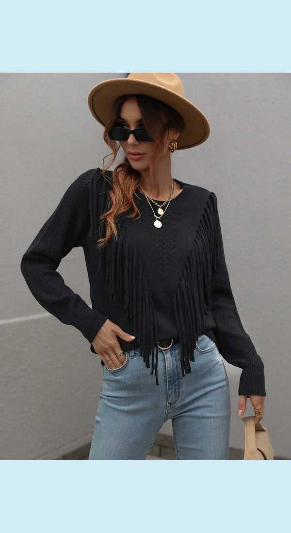 Fringe Detail Ribbed Trim Sweater