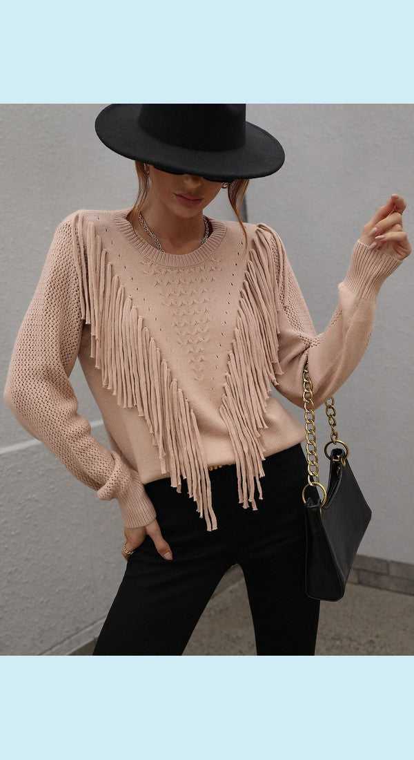 Fringe Detail Ribbed Trim Sweater