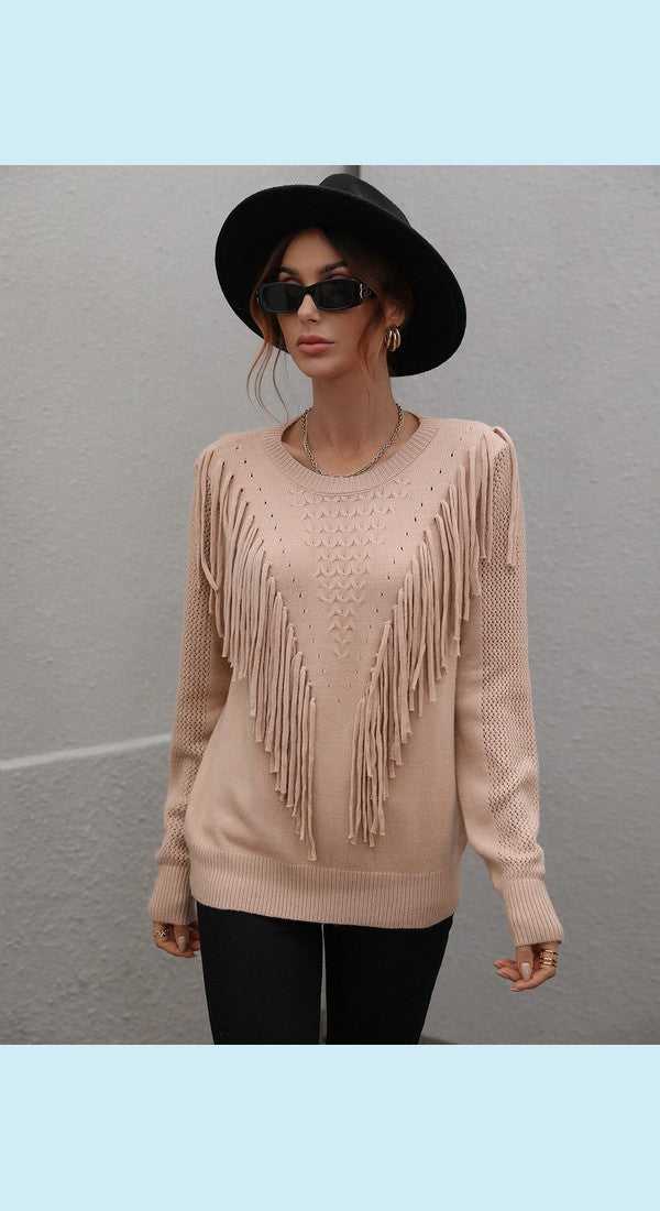 Fringe Detail Ribbed Trim Sweater