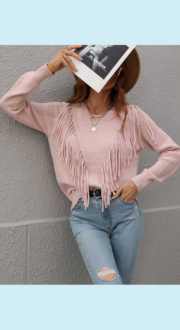 Fringe Detail Ribbed Trim Sweater