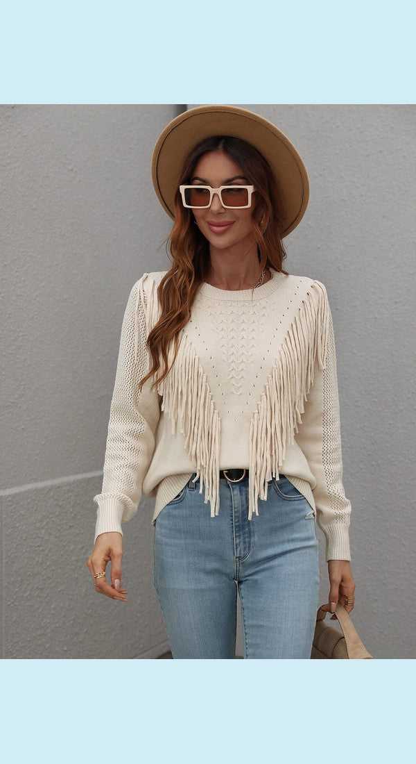 Fringe Detail Ribbed Trim Sweater
