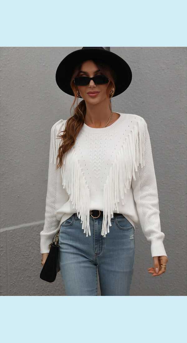 Fringe Detail Ribbed Trim Sweater