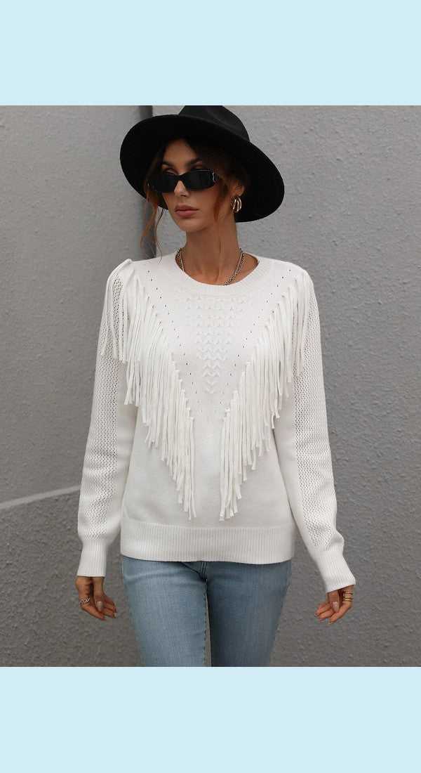 Fringe Detail Ribbed Trim Sweater