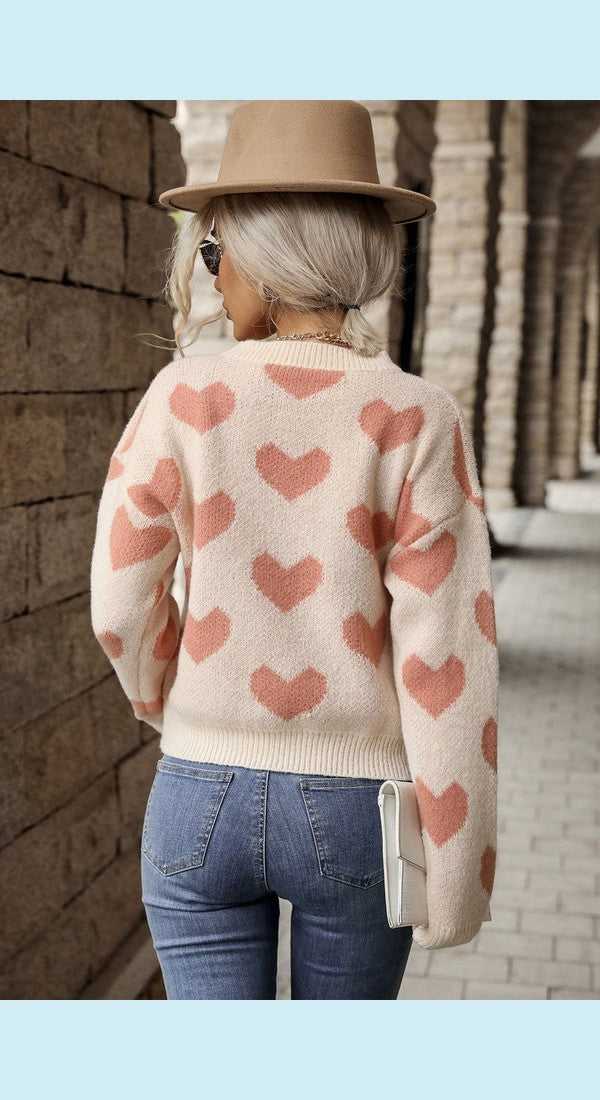 Heart Pattern Dropped Shoulder Sweater