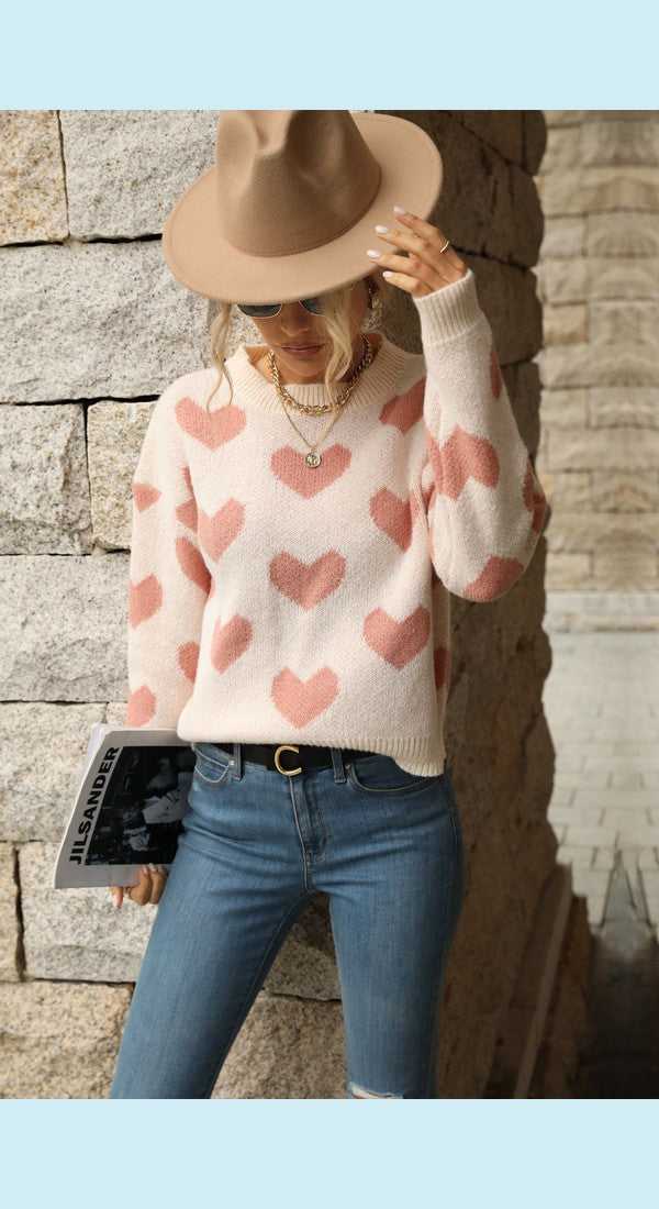Heart Pattern Dropped Shoulder Sweater