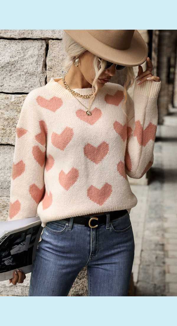 Heart Pattern Dropped Shoulder Sweater