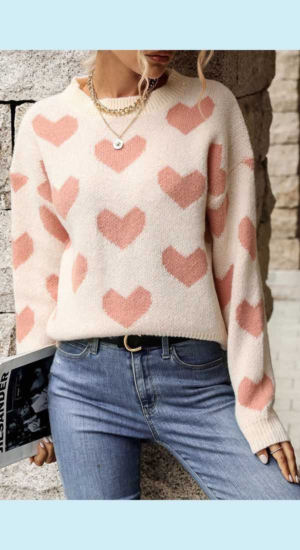Heart Pattern Dropped Shoulder Sweater
